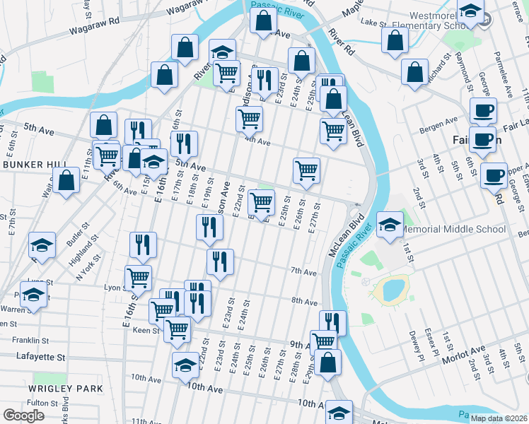 map of restaurants, bars, coffee shops, grocery stores, and more near 235 East 24th Street in Paterson