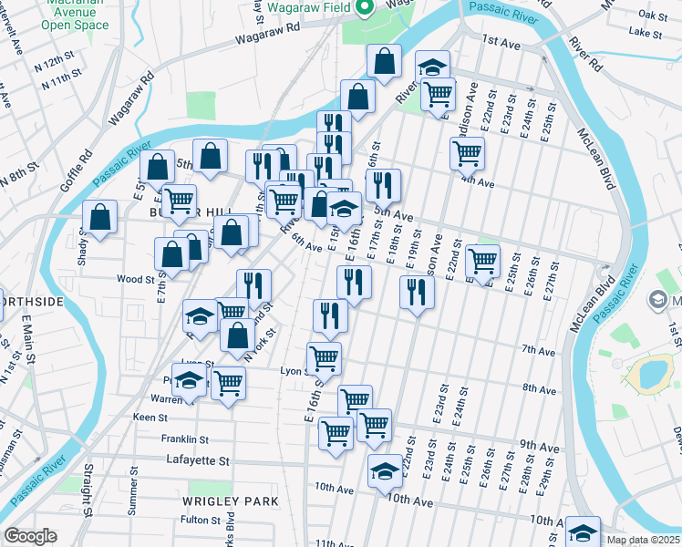 map of restaurants, bars, coffee shops, grocery stores, and more near 131 East 15th Street in Paterson
