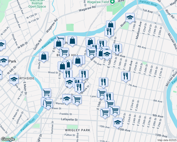 map of restaurants, bars, coffee shops, grocery stores, and more near 77 Butler Street in Paterson