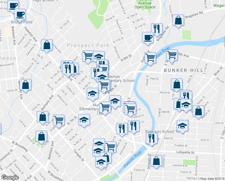 map of restaurants, bars, coffee shops, grocery stores, and more near 7 Brown Avenue in Prospect Park