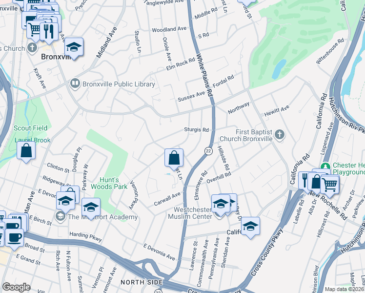 map of restaurants, bars, coffee shops, grocery stores, and more near 24 Homesdale Road in Bronxville
