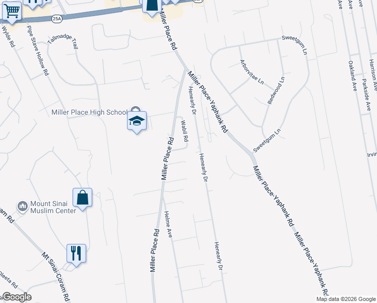 map of restaurants, bars, coffee shops, grocery stores, and more near 3 Glenn Street in Miller Place