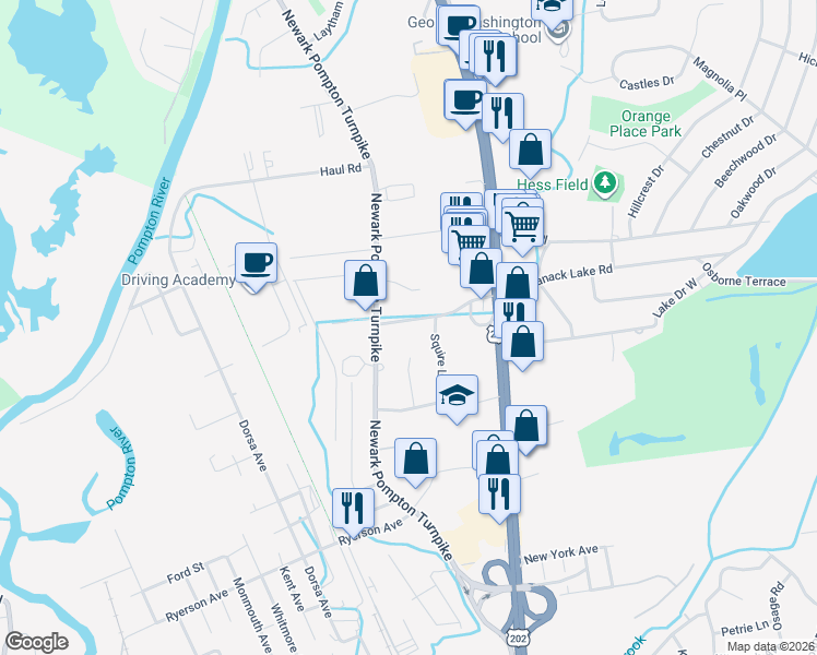 map of restaurants, bars, coffee shops, grocery stores, and more near 104 Packanack Lake Road in Wayne