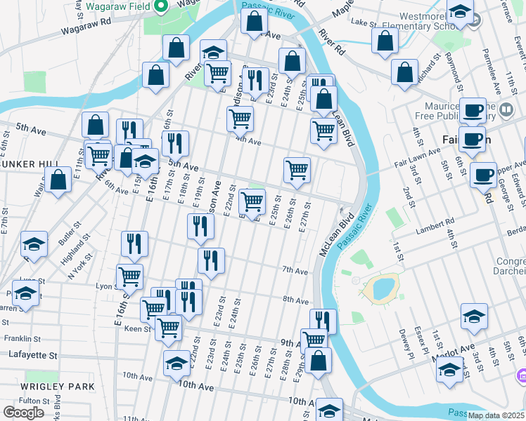 map of restaurants, bars, coffee shops, grocery stores, and more near 235 East 24th Street in Paterson