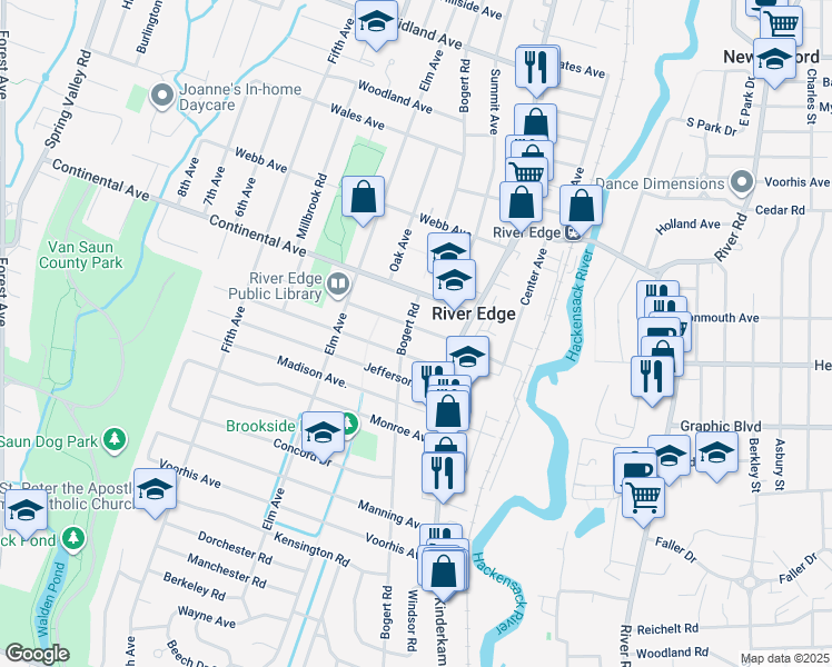 map of restaurants, bars, coffee shops, grocery stores, and more near 682 Bogert Road in River Edge