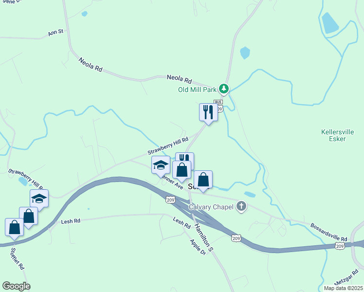 map of restaurants, bars, coffee shops, grocery stores, and more near 121 Strawberry Hill Road in Sciota