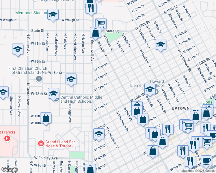 map of restaurants, bars, coffee shops, grocery stores, and more near 913 West 13th Street in Grand Island