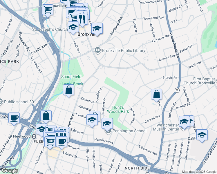 map of restaurants, bars, coffee shops, grocery stores, and more near 206 Douglas Place in Mount Vernon