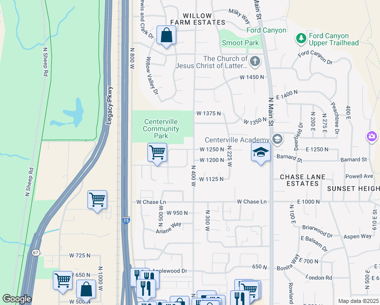 map of restaurants, bars, coffee shops, grocery stores, and more near 1238 North 450 West in Centerville