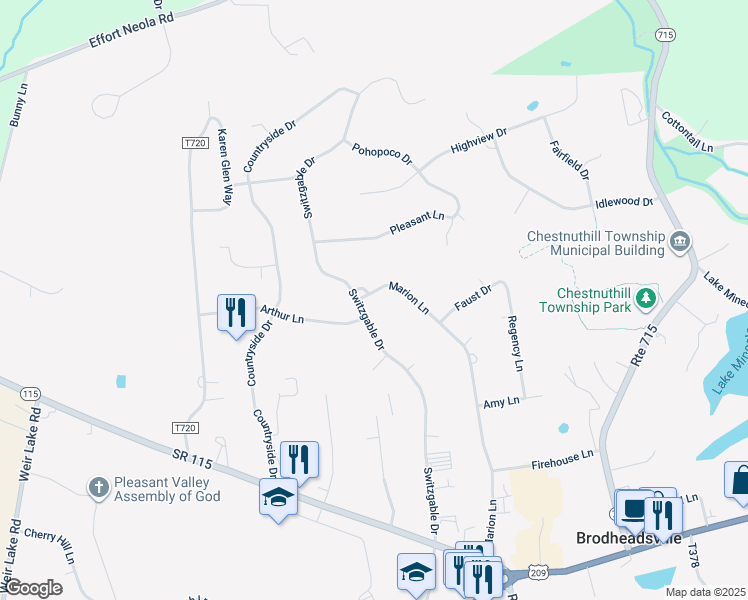 map of restaurants, bars, coffee shops, grocery stores, and more near 30 Switzgable Drive in Brodheadsville