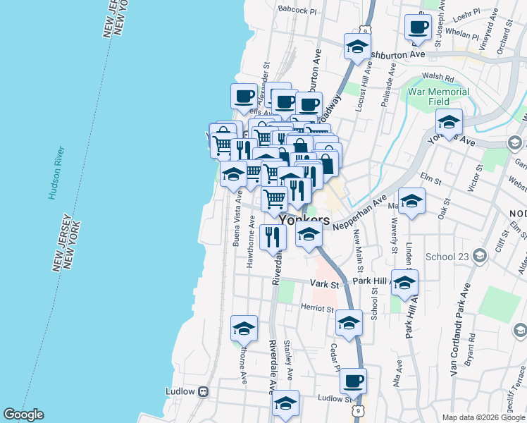 map of restaurants, bars, coffee shops, grocery stores, and more near 26 Prospect Street in Yonkers