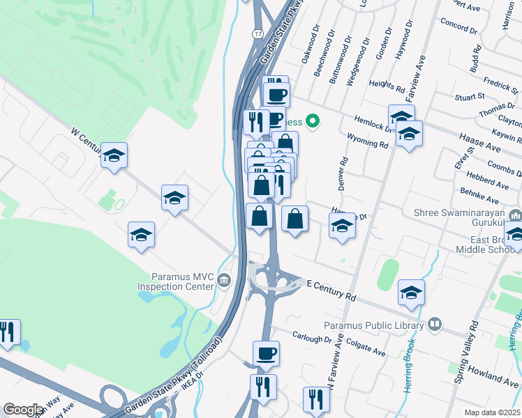 map of restaurants, bars, coffee shops, grocery stores, and more near 165 New Jersey 17 in Paramus