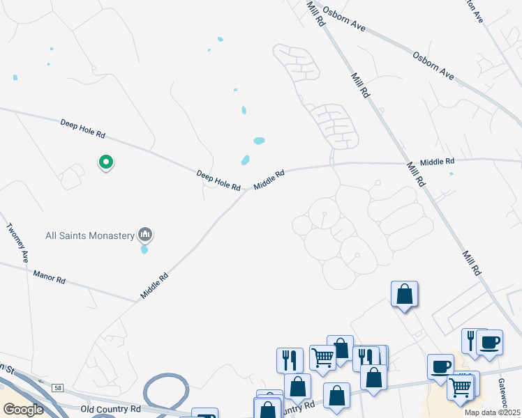 map of restaurants, bars, coffee shops, grocery stores, and more near 1535 Middle Road in Calverton