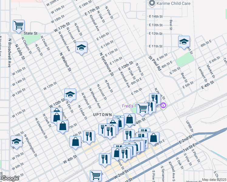 map of restaurants, bars, coffee shops, grocery stores, and more near 104 East 8th Street in Grand Island