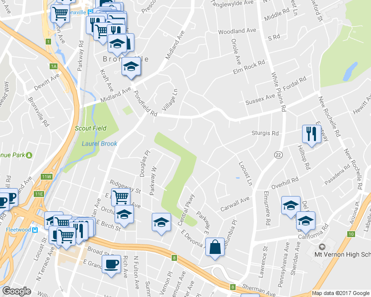 map of restaurants, bars, coffee shops, grocery stores, and more near 56 Oakledge Road in Bronxville