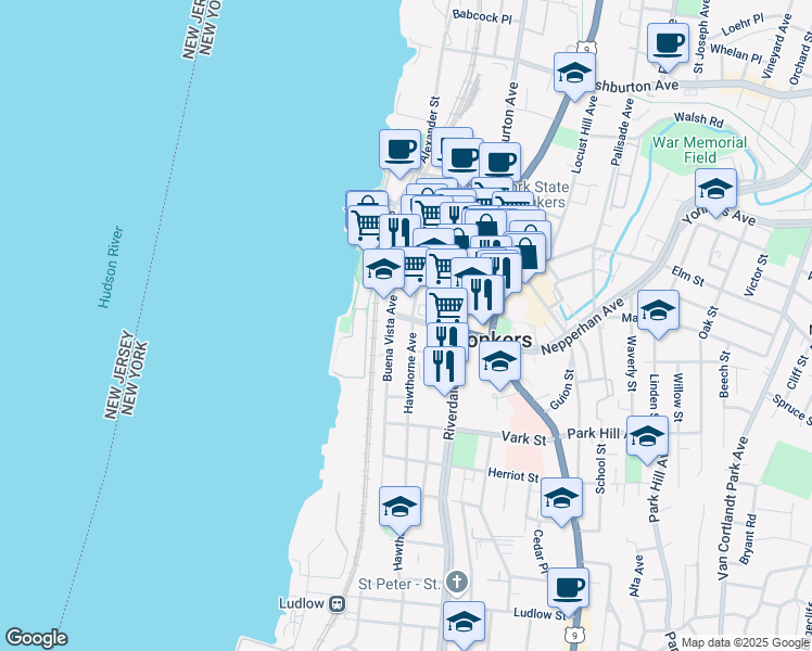 map of restaurants, bars, coffee shops, grocery stores, and more near 33 Hawthorne Avenue in Yonkers