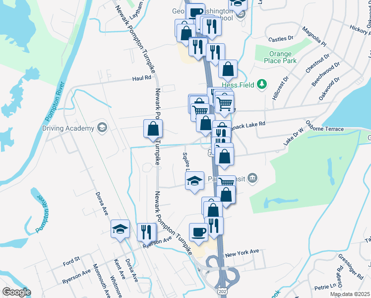 map of restaurants, bars, coffee shops, grocery stores, and more near 26 Squire Lane in Wayne