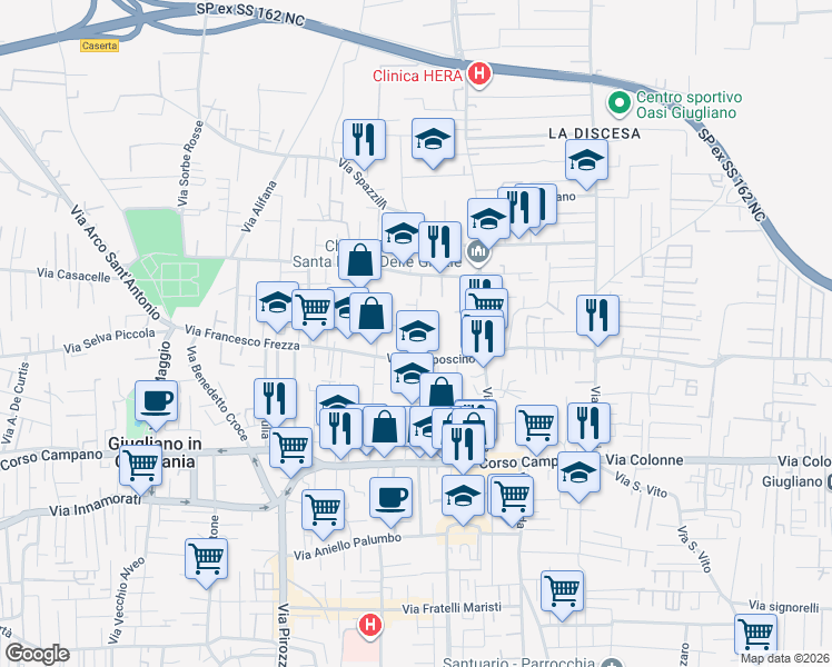 map of restaurants, bars, coffee shops, grocery stores, and more near 26 Vico Gelso in Giugliano in Campania