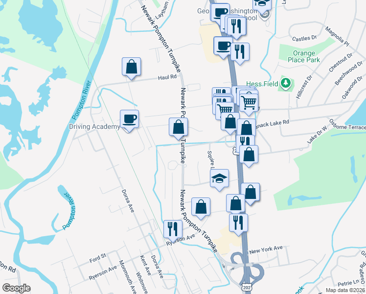 map of restaurants, bars, coffee shops, grocery stores, and more near Newark Pompton Turnpike & Packanack Lake Rd in Wayne