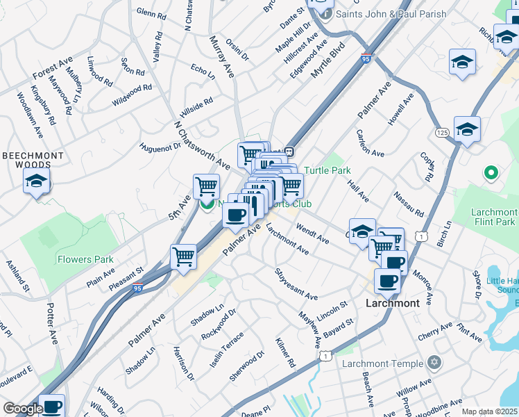 map of restaurants, bars, coffee shops, grocery stores, and more near 1930 Palmer Avenue in Larchmont