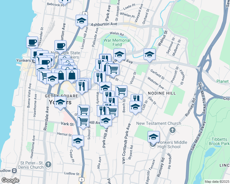 map of restaurants, bars, coffee shops, grocery stores, and more near 44 Maple Street in Yonkers