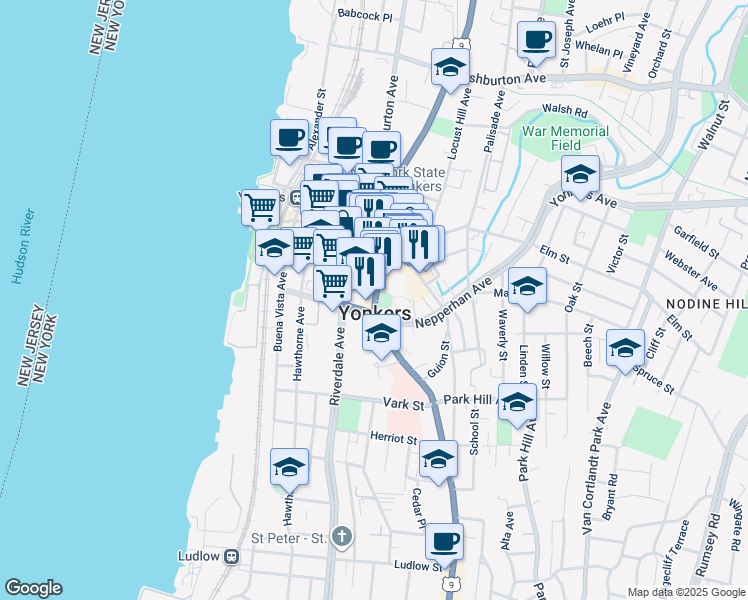 map of restaurants, bars, coffee shops, grocery stores, and more near in Yonkers