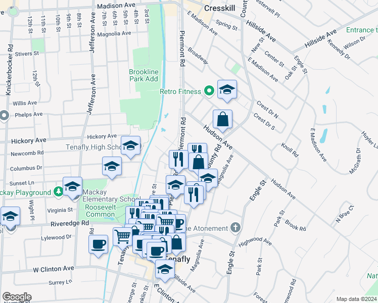 map of restaurants, bars, coffee shops, grocery stores, and more near 3117 The Plaza in Tenafly