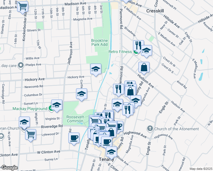 map of restaurants, bars, coffee shops, grocery stores, and more near 12 Merritt Court in Tenafly