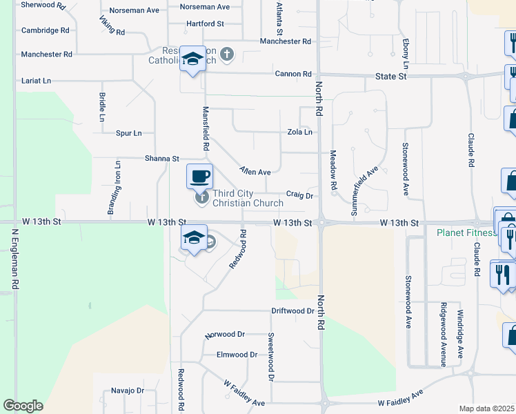 map of restaurants, bars, coffee shops, grocery stores, and more near 4028-4044 West 13th Street in Grand Island