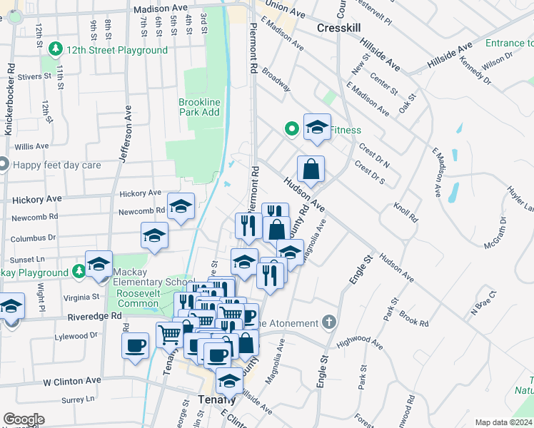 map of restaurants, bars, coffee shops, grocery stores, and more near 3117 The Plaza in Tenafly