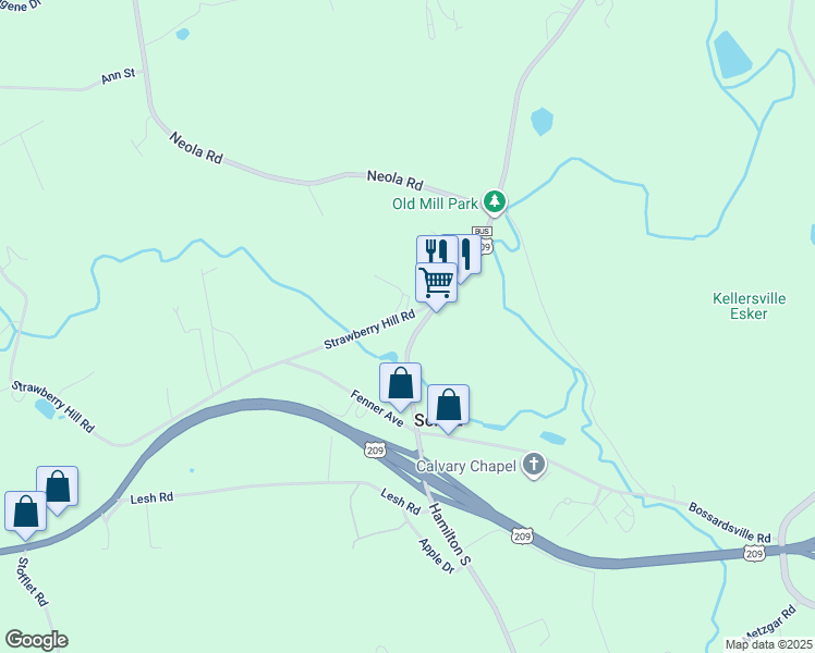 map of restaurants, bars, coffee shops, grocery stores, and more near 121 Strawberry Hill Road in Sciota