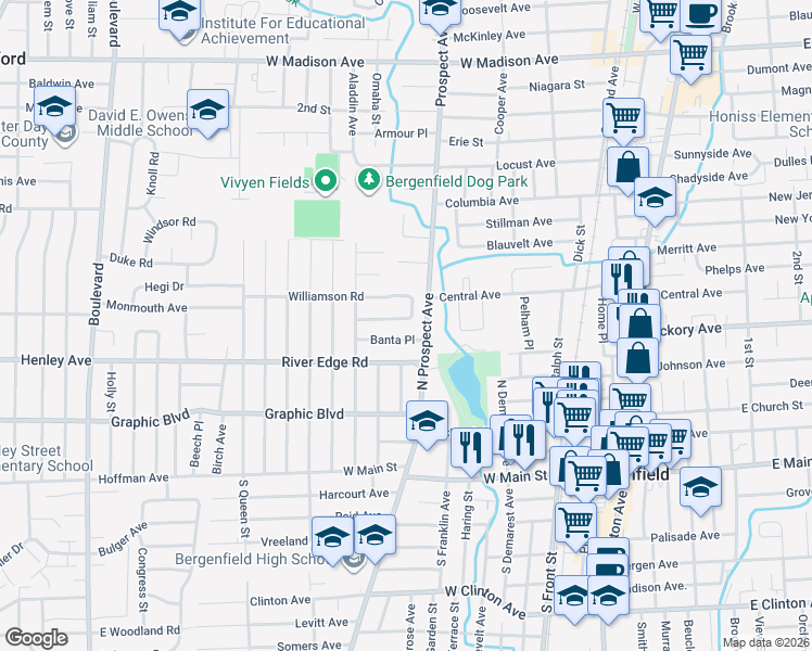 map of restaurants, bars, coffee shops, grocery stores, and more near 1 Banta Place in Bergenfield