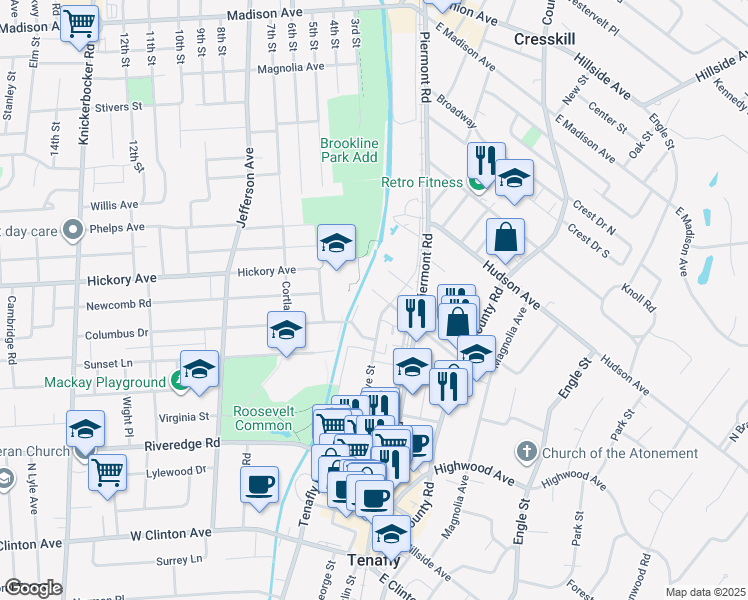 map of restaurants, bars, coffee shops, grocery stores, and more near 12 Merritt Court in Tenafly