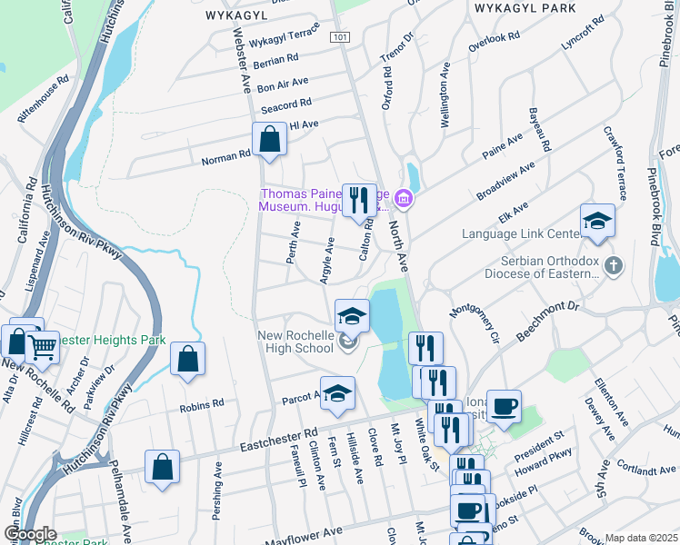 map of restaurants, bars, coffee shops, grocery stores, and more near 43 Calton Road in New Rochelle