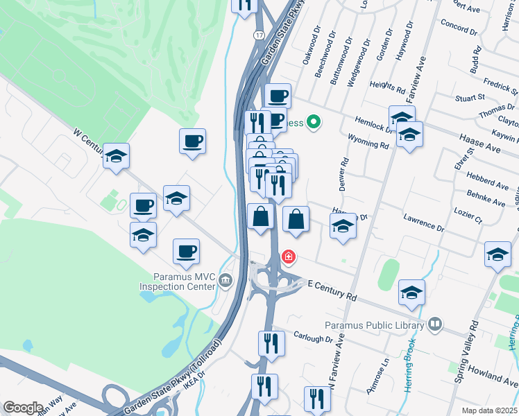 map of restaurants, bars, coffee shops, grocery stores, and more near 165 New Jersey 17 in Paramus
