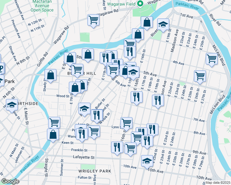 map of restaurants, bars, coffee shops, grocery stores, and more near 3 Ann Place in Paterson