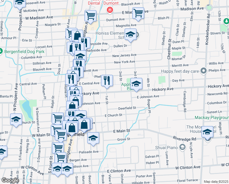 map of restaurants, bars, coffee shops, grocery stores, and more near Hickory Avenue & Linden Place in Bergenfield
