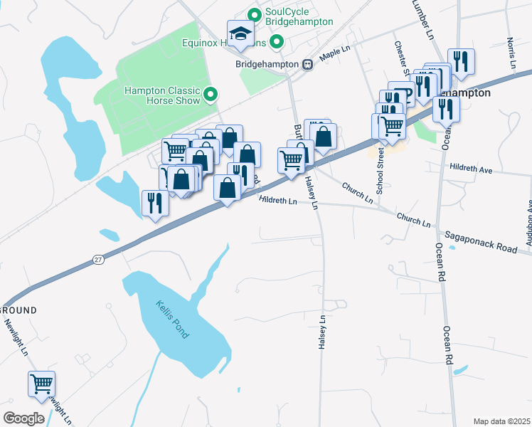 map of restaurants, bars, coffee shops, grocery stores, and more near 108 Halsey Lane in Water Mill