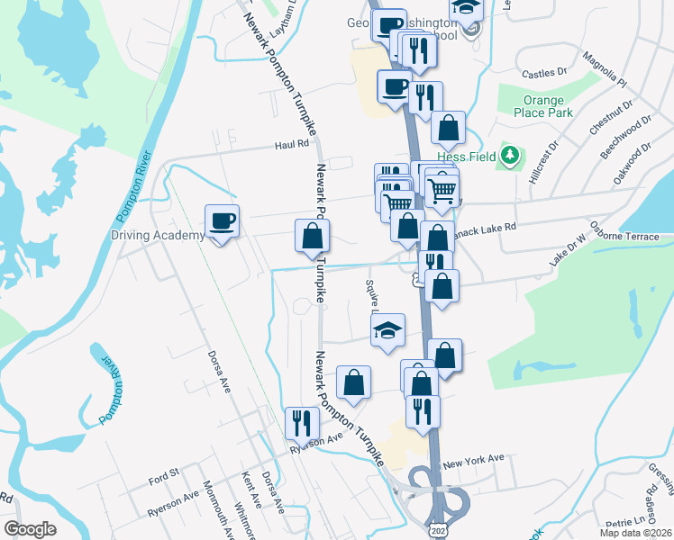 map of restaurants, bars, coffee shops, grocery stores, and more near 104 Packanack Lake Road in Wayne
