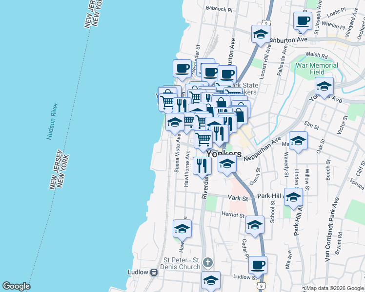 map of restaurants, bars, coffee shops, grocery stores, and more near 56 Prospect Street in Yonkers
