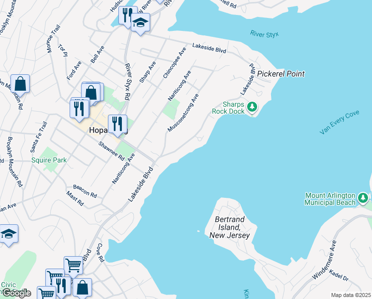 map of restaurants, bars, coffee shops, grocery stores, and more near 237 Lakeside Boulevard in Hopatcong