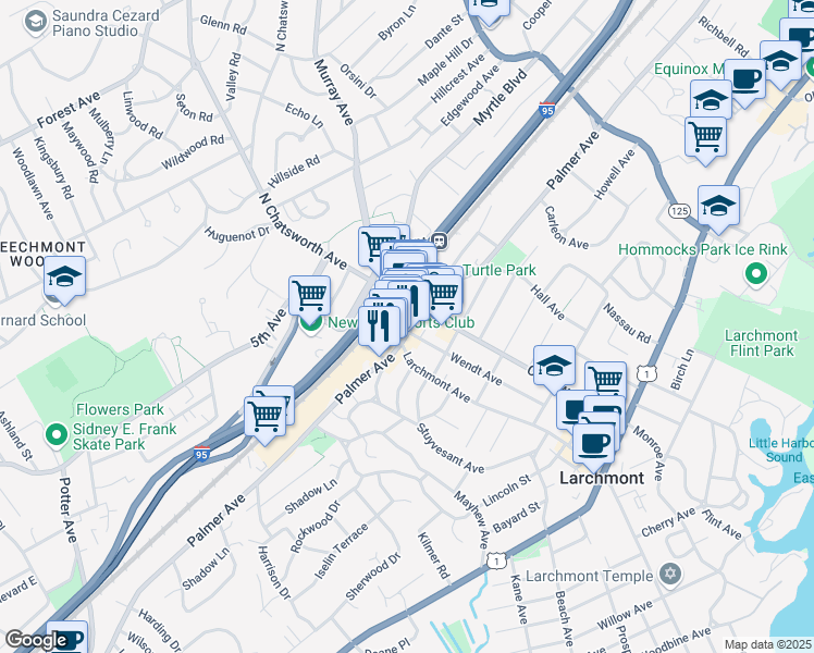 map of restaurants, bars, coffee shops, grocery stores, and more near 1925 Palmer Avenue in Larchmont