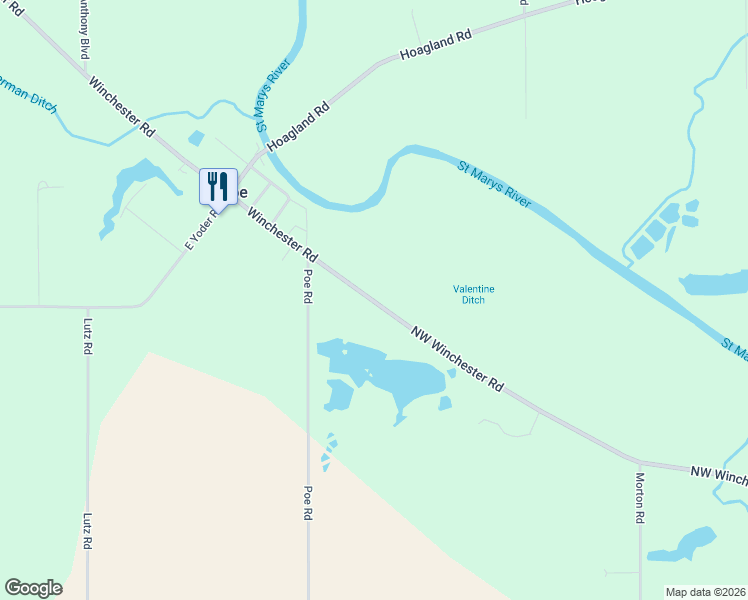 map of restaurants, bars, coffee shops, grocery stores, and more near 16411 Winchester Road in Ossian