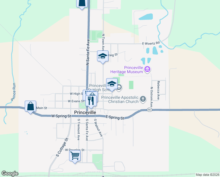 map of restaurants, bars, coffee shops, grocery stores, and more near 320 East High Street in Princeville