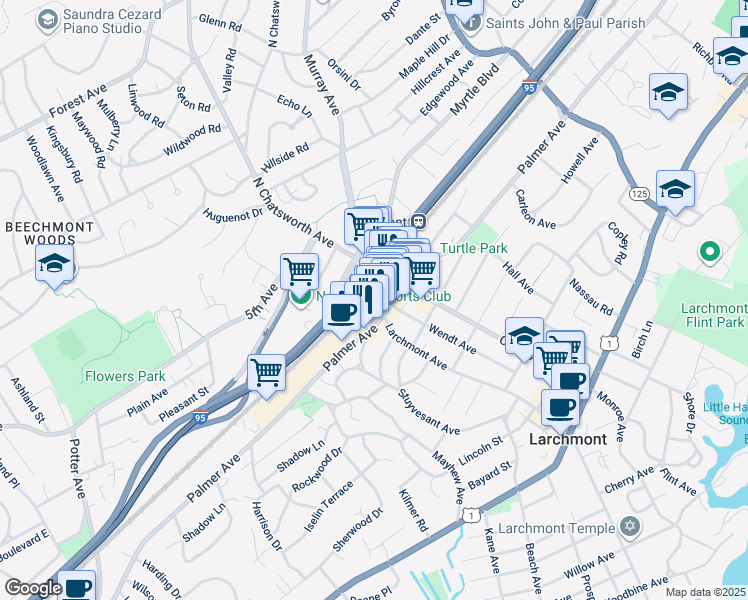 map of restaurants, bars, coffee shops, grocery stores, and more near 55 East Avenue in Larchmont