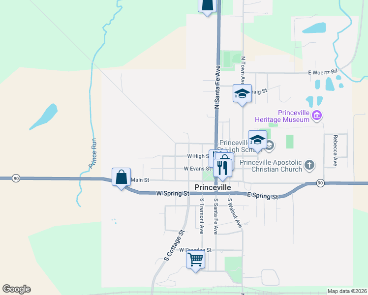map of restaurants, bars, coffee shops, grocery stores, and more near 307 North Cottage Grove Avenue in Princeville