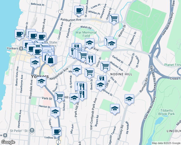 map of restaurants, bars, coffee shops, grocery stores, and more near 75 Maple Street in Yonkers