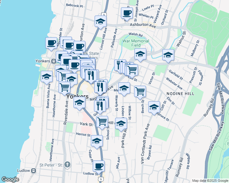 map of restaurants, bars, coffee shops, grocery stores, and more near 16 School Street in Yonkers