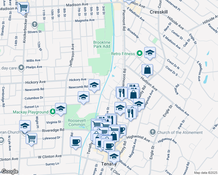 map of restaurants, bars, coffee shops, grocery stores, and more near 12 Merritt Court in Tenafly