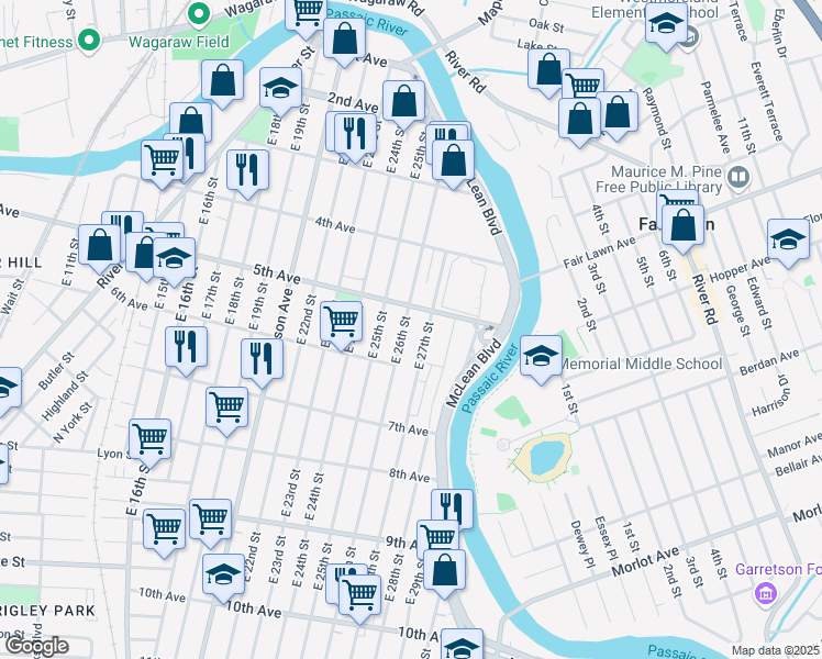 map of restaurants, bars, coffee shops, grocery stores, and more near 184 East 26th Street in Paterson